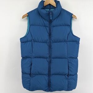 Lands End Blue Down‎ Puffer Vest Women L 14 Full Zip Quilted Sleeveless Jacket